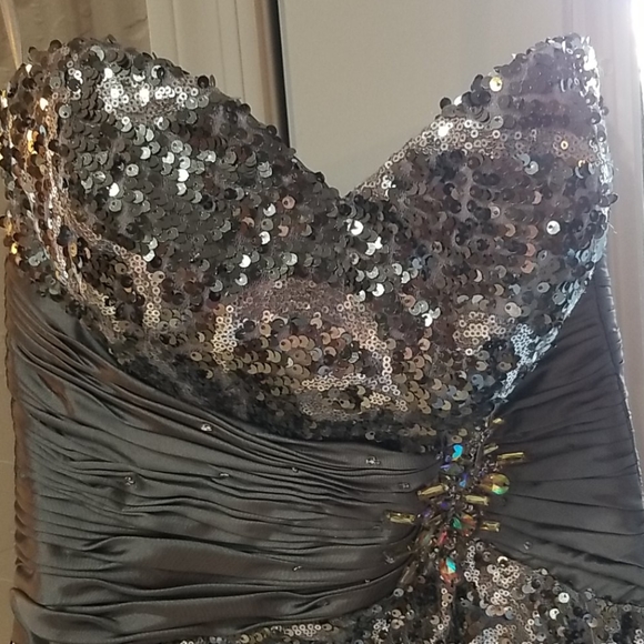 Silver Sequin gown with Satin Cinched Waist and Cr - Picture 9 of 11